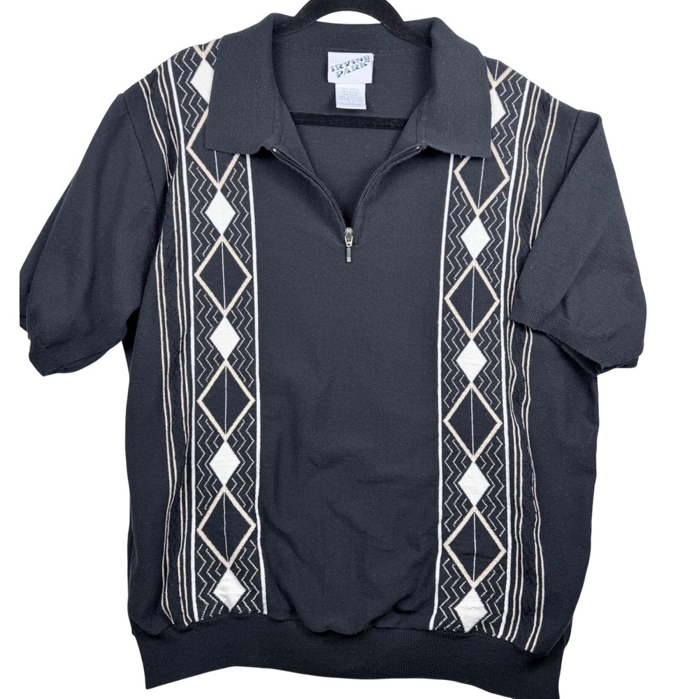 Vintage Irvine Park Mens XL Black Geometric Diamond Knit Quarter Zip Polo Shirt